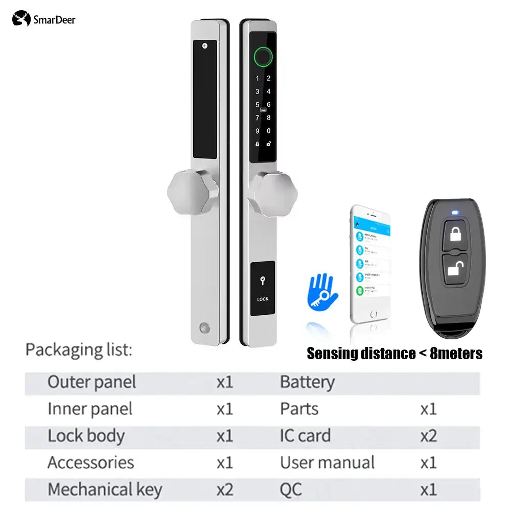 SmarDeer electronic door lock with fingerprint, keypad; packaging list and smartphone app included.