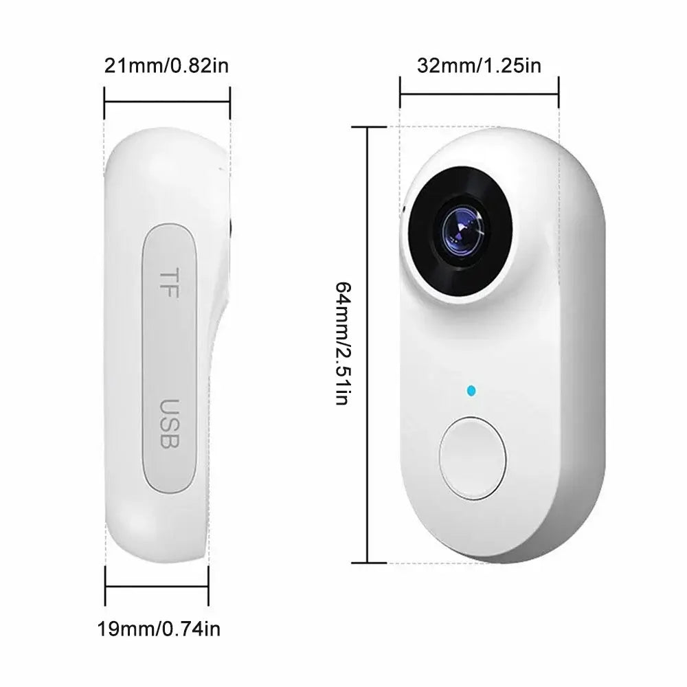 Dimensions of the 4K Ultra Portable Mini Sports Action Camera showing USB and TF card slots.