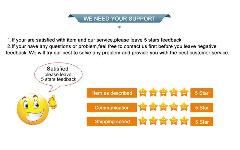 Customer feedback request encouraging 5-star ratings with emoji and satisfaction reminder.