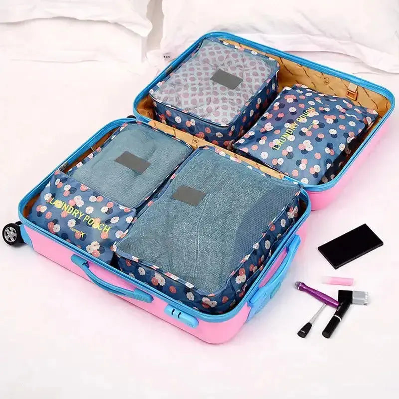 Nevytech 6Pcs Travel Luggage Packing Cubes organized in pink suitcase with laundry pouch and clothing.