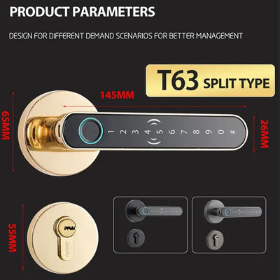 Smart Fingerprint Door Lock Handle T63 Split Type with keypad, key card, and biometric features for secure entry.