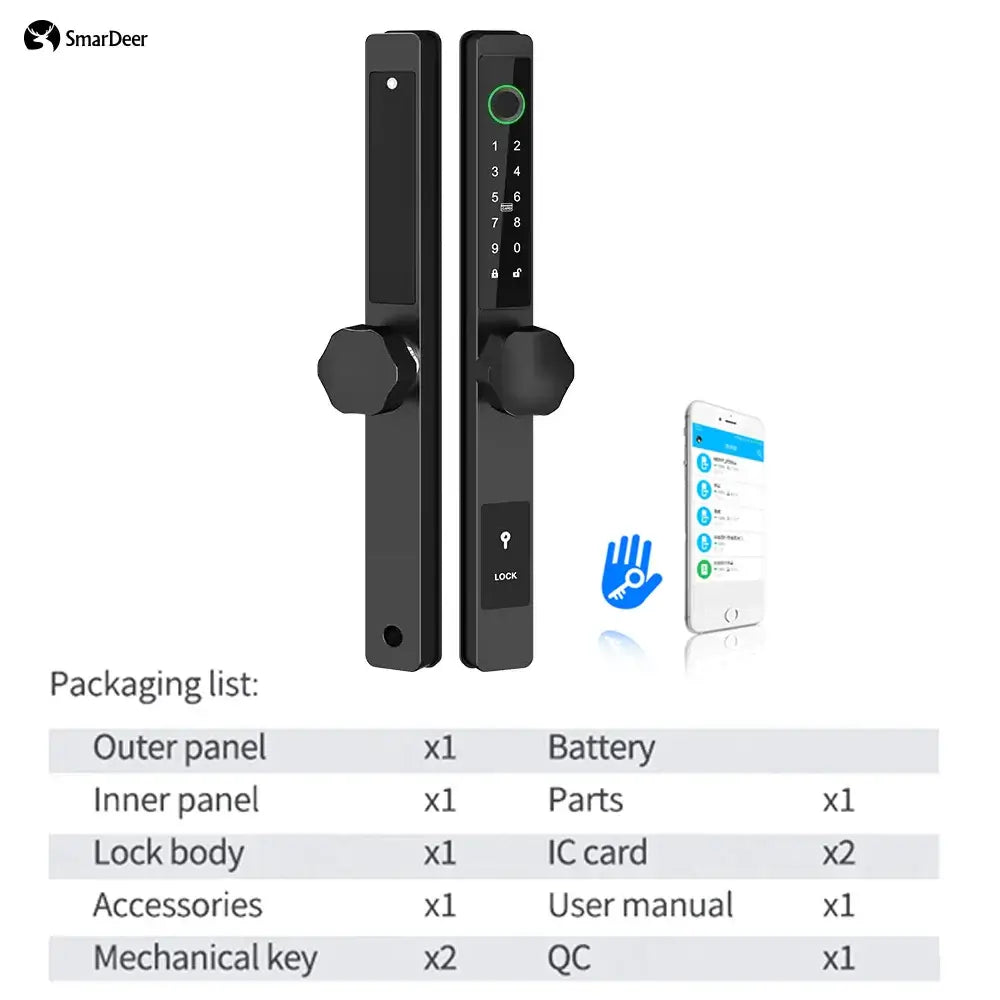 SmarDeer electronic door lock packaging list, including outer and inner panels, accessories, batteries, and user manual.