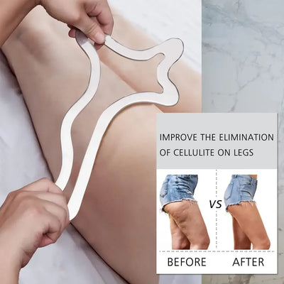 Gua Sha tool in use for cellulite reduction, showcasing before and after results on legs.
