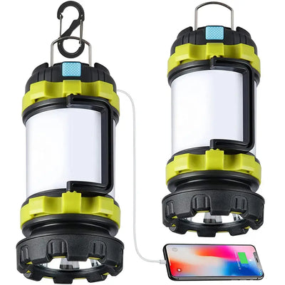 Rechargeable LED camping lanterns with power bank feature and IPX4 waterproof design for outdoor use.