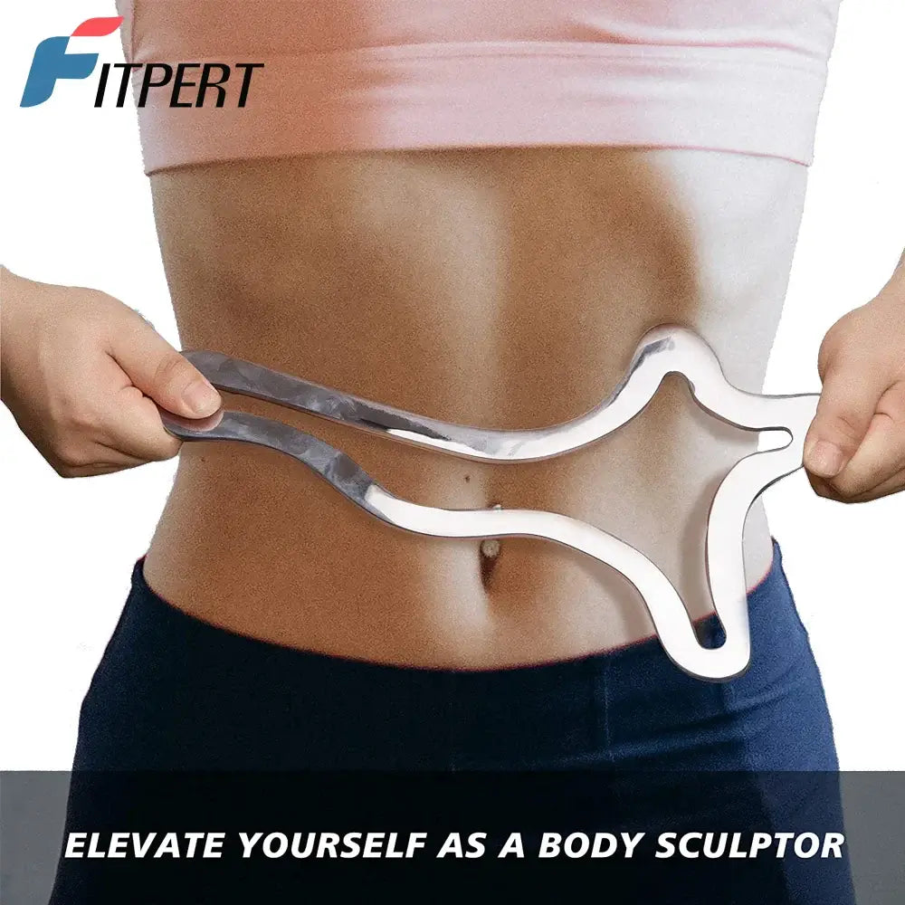 Stainless steel Gua Sha tool being used for body sculpting and contouring on a waist.