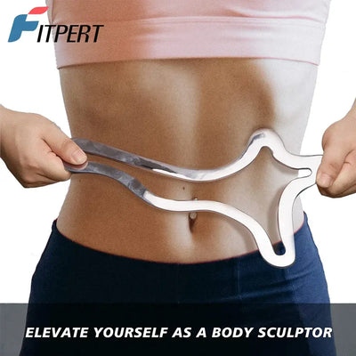 Stainless steel Gua Sha tool being used for body sculpting and contouring on a waist.