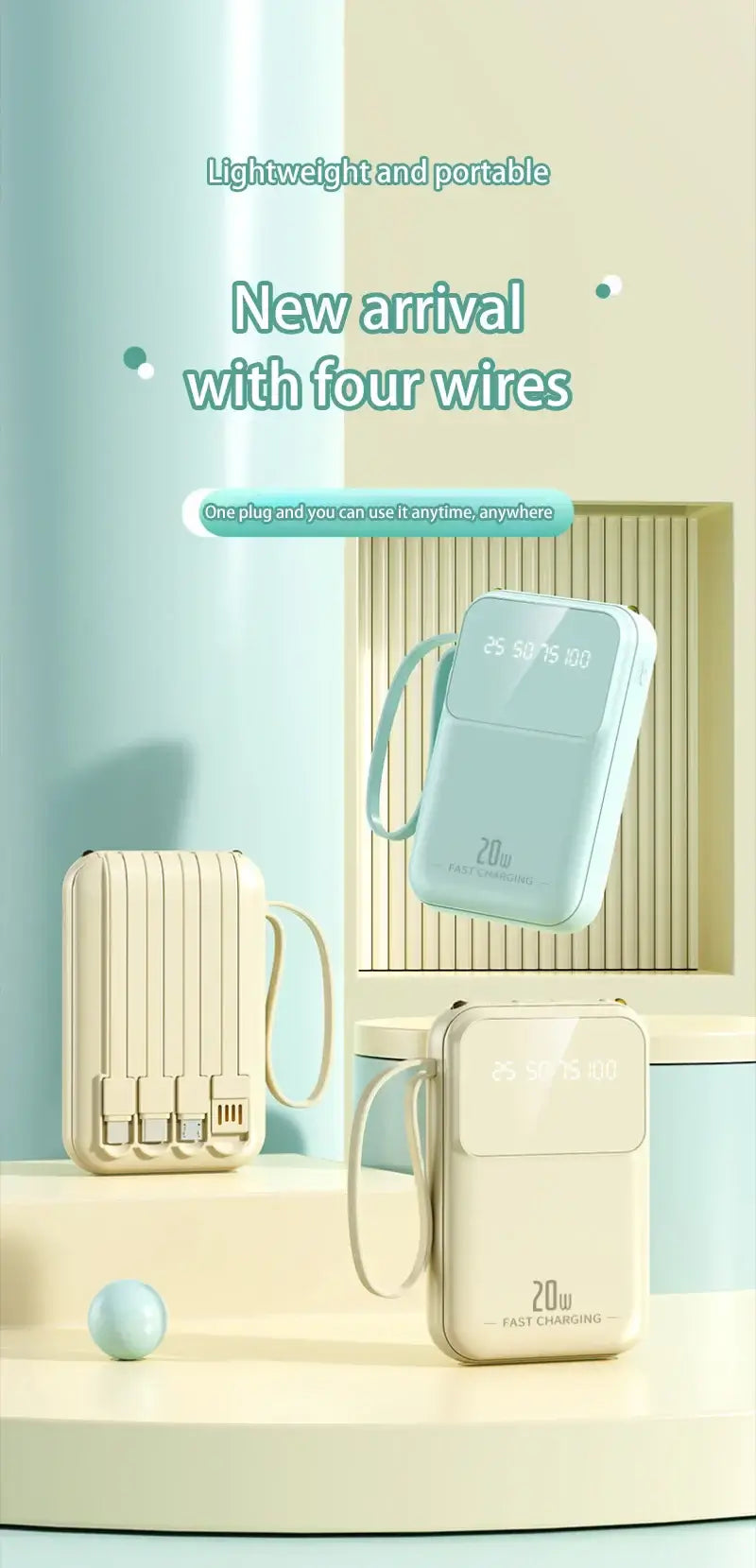 Lightweight and portable power bank with four wires, featuring a modern design and 20000mAh capacity.