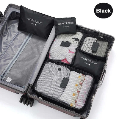 6 pcs black travel organizer bags neatly arranged in an open suitcase for efficient packing and storage.