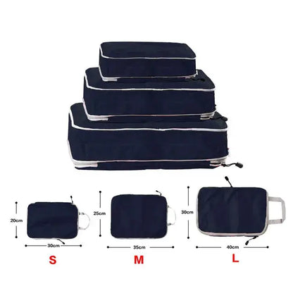 Nevytech Foldable Compressible Packing Cubes in various sizes with measurements for travel organization.