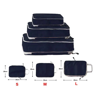 Foldable compressible packing cubes in navy blue, featuring small, medium, and large sizes for efficient travel organization.
