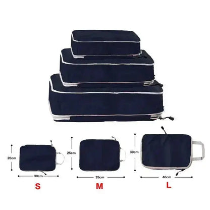 Nevytech Foldable Compressible Packing Cubes in various sizes with measurements for travel organization.