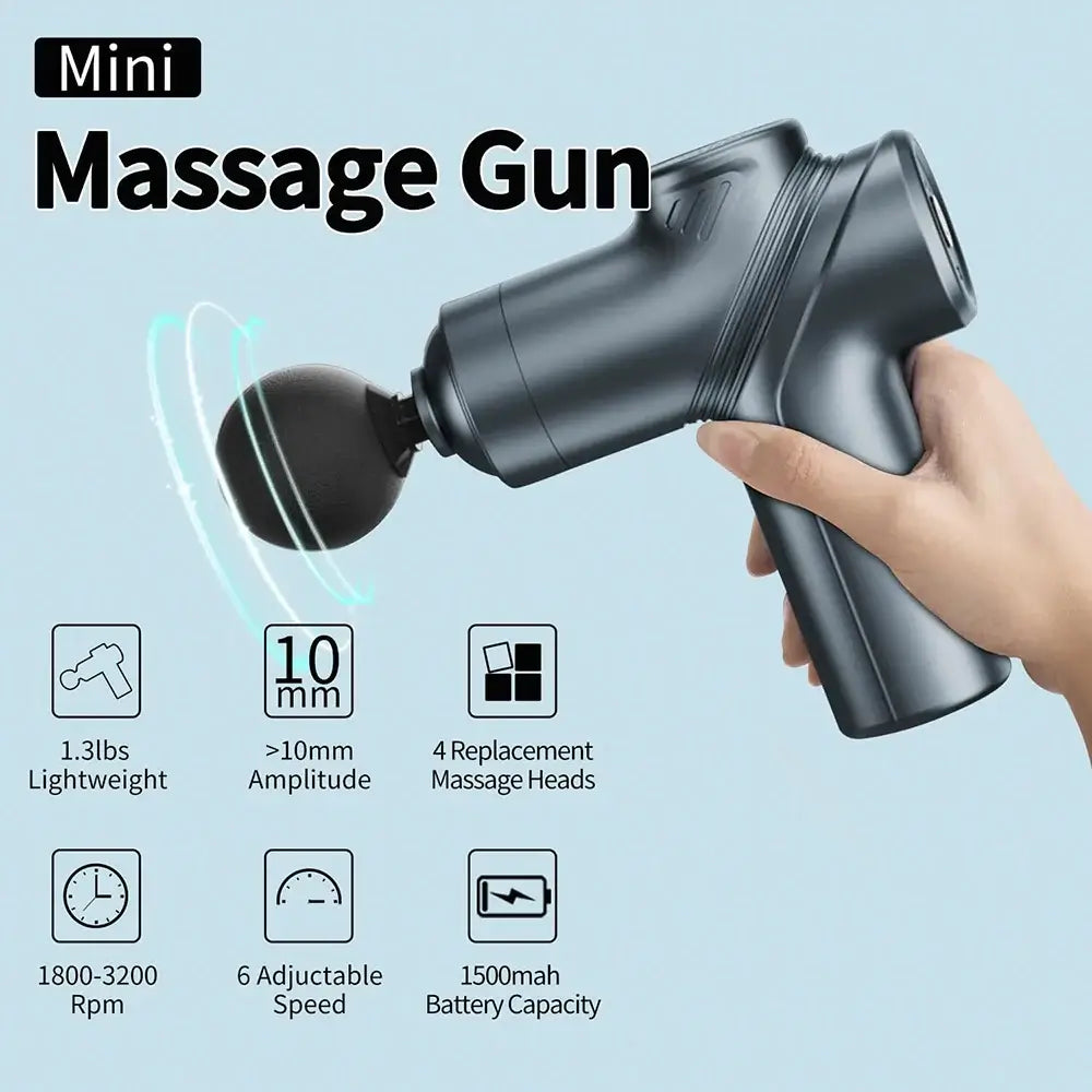 Mini massage gun with adjustable speed settings, lightweight design, and multiple massage heads for effective muscle relief.