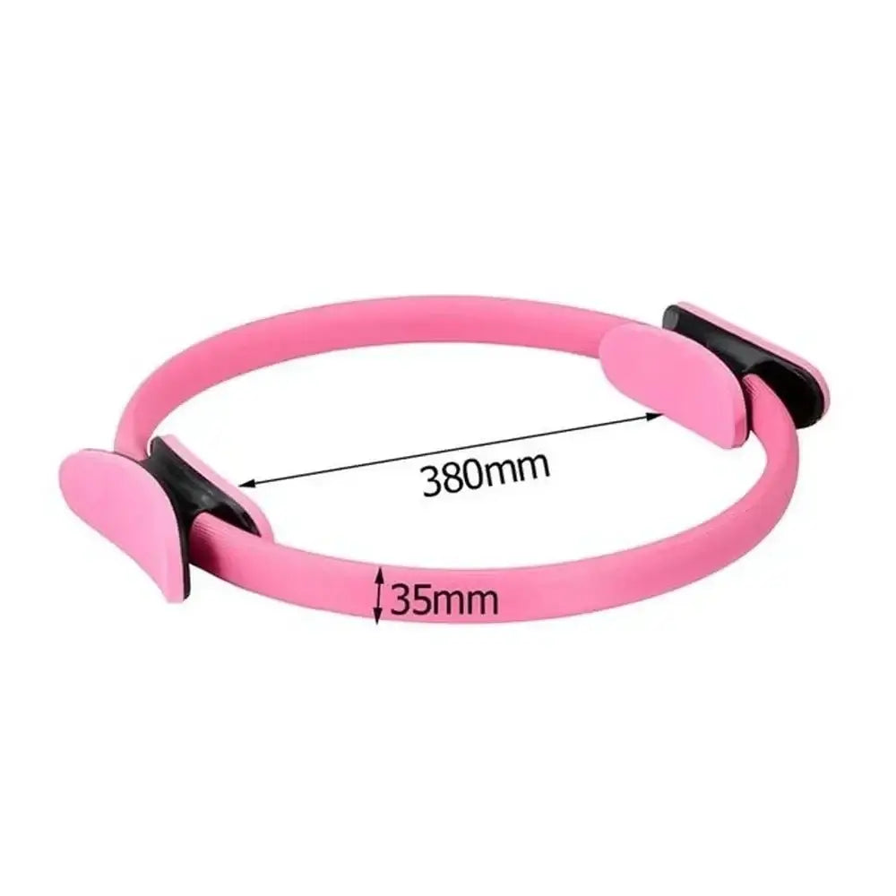 Pink Pilates ring measuring 38cm diameter and 3.5cm width, ideal for body shaping and fitness exercises.