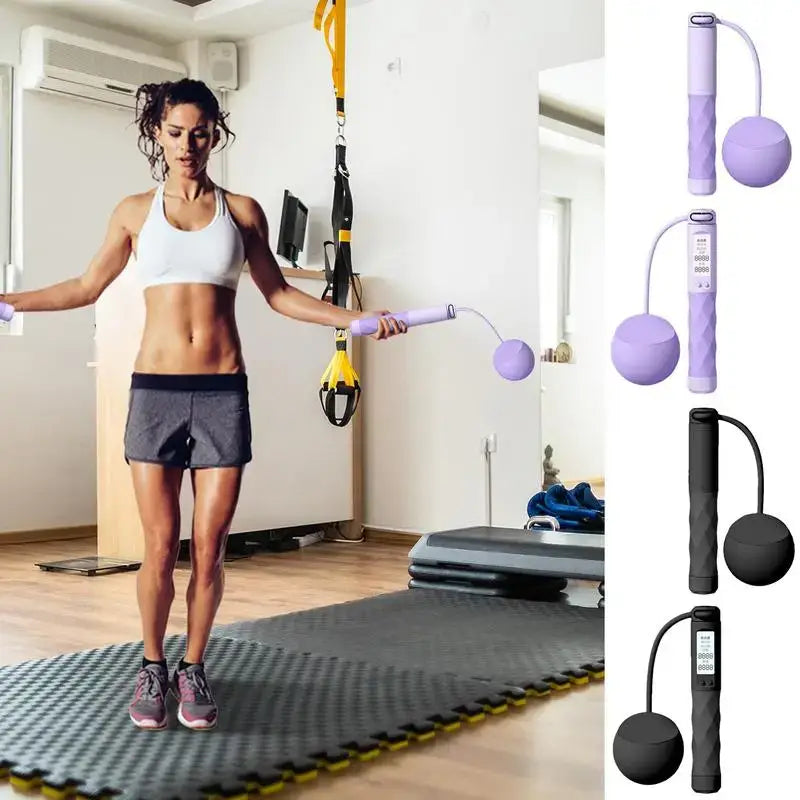 Woman using a ropeless jump rope in a fitness studio, showcasing adjustable design and digital counter.