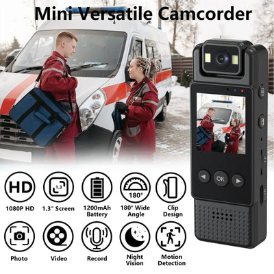 Mini versatile camcorder with 1080P HD recording, 180° wide angle, and night vision features