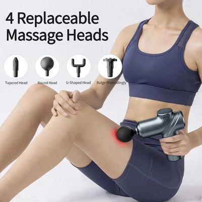 Woman using a deep tissue mini massage gun with 4 replaceable massage heads for muscle relaxation.