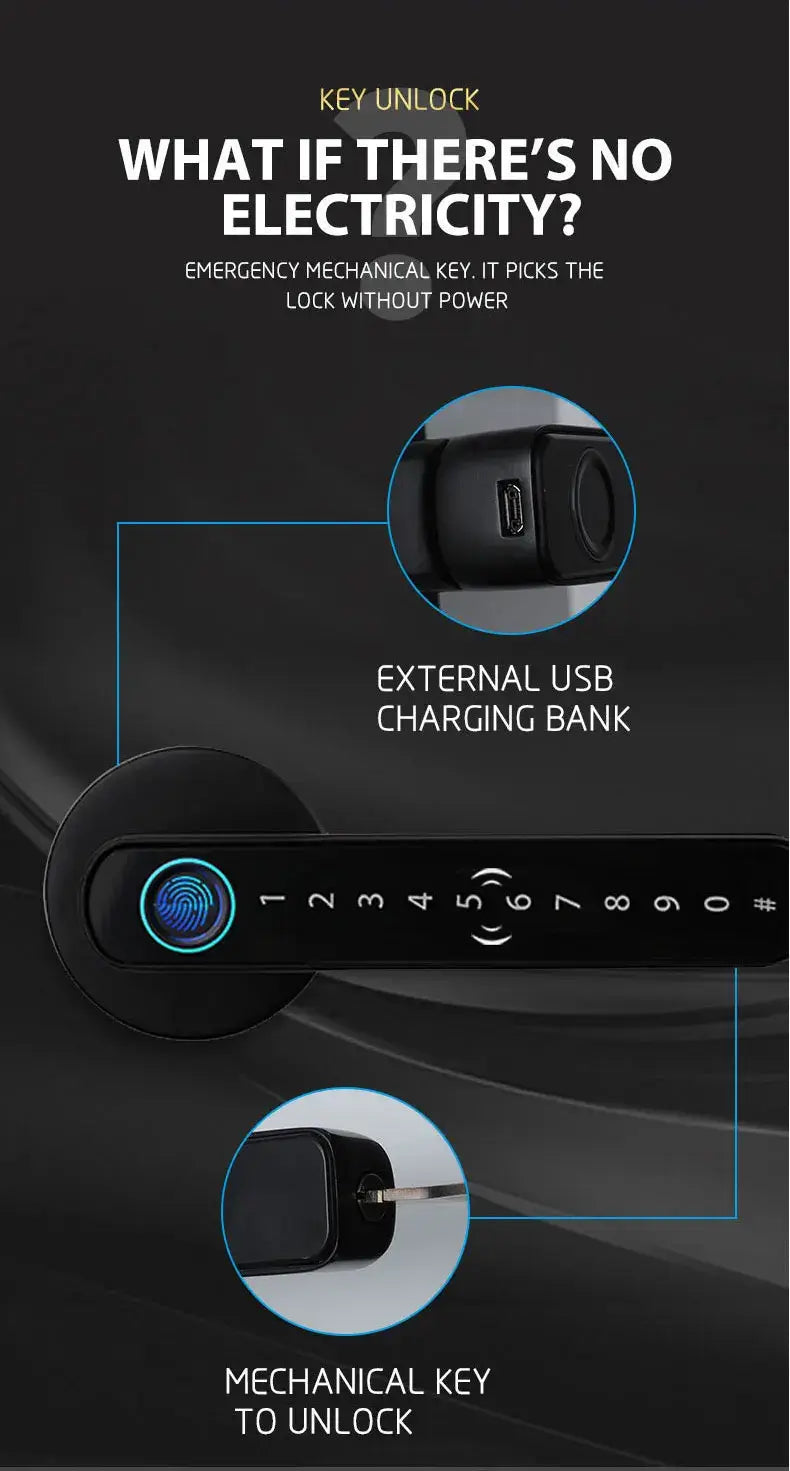 Smart fingerprint door lock handle features mechanical key and USB charging for emergency access without power.