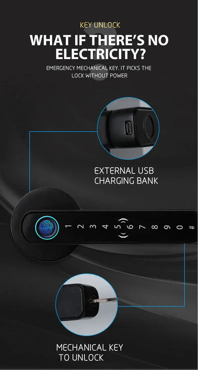 Smart fingerprint door lock handle features mechanical key and USB charging for emergency access without power.
