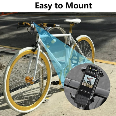 Bike mounted with a portable camera, showcasing easy attachment and secure fit for capturing rides.