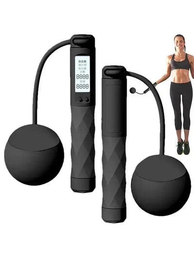 Ropeless jump rope with digital counter, anti-slip handles, ideal for indoor fitness and strength training workouts.