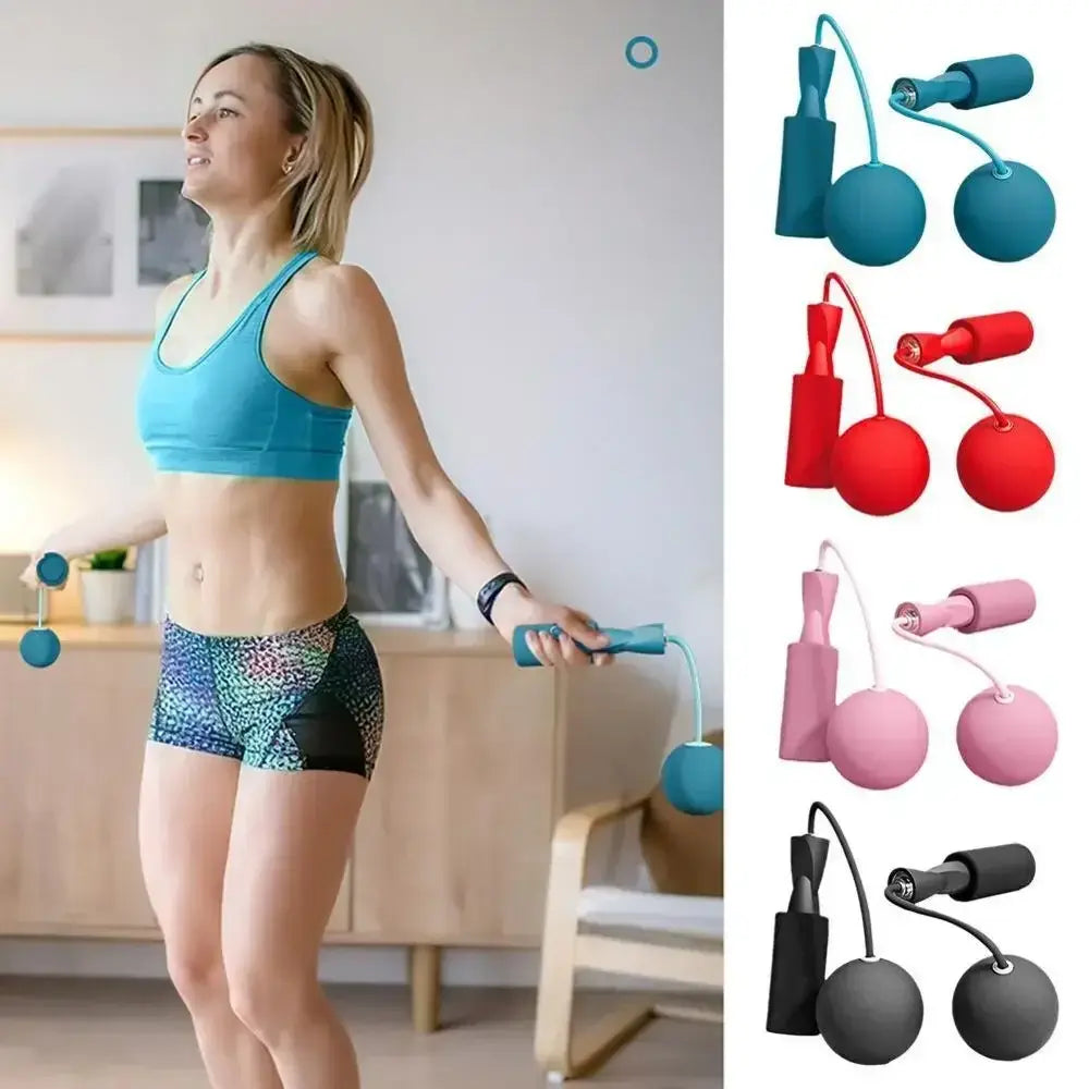 Woman using a cordless skipping rope for fitness training, showcasing colorful weighted balls.