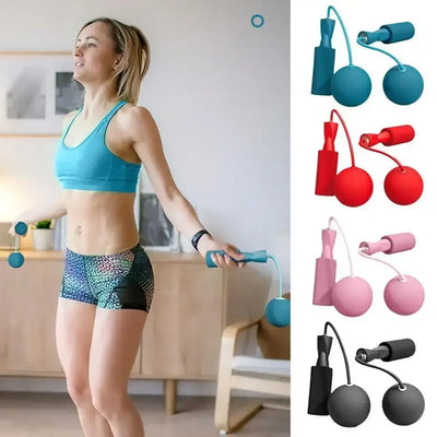 Woman using a cordless skipping rope for fitness training, showcasing colorful weighted balls.