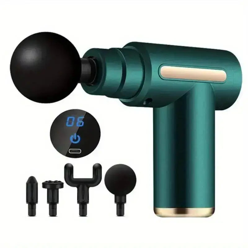 Mini massage gun with six speed settings and Type-C charging, perfect for muscle relaxation and portable use.