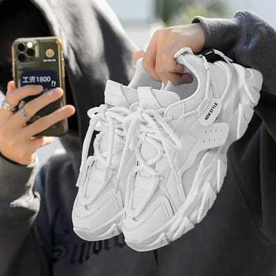 Men’s sport shoes – lightweight fashion street sneakers, lace-up white gym trainers, comfortable platform shoes