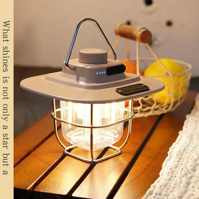 Portable LED camping lantern with stepless dimming on a wooden table, ideal for outdoor and emergency use.