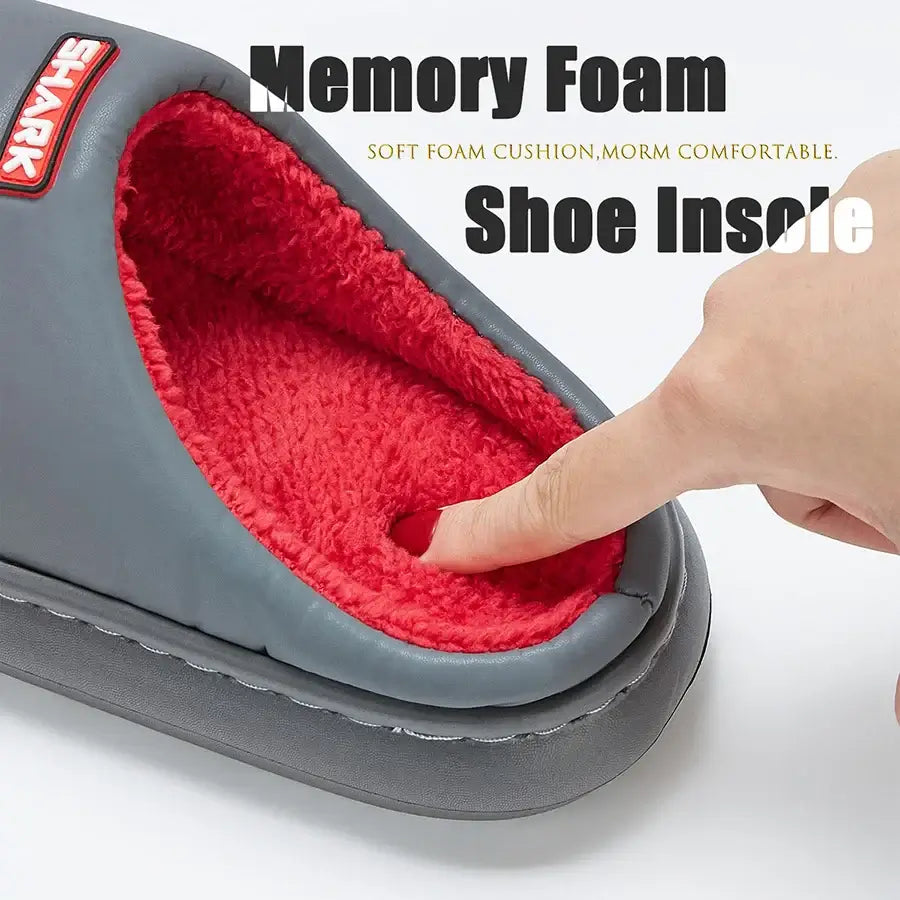 Cute platform men's house slippers, imitation leather, furry comfy memory foam, soft non-slip couple shoes, warm winter slippers.
