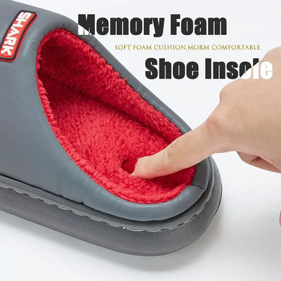 Cute platform men's house slippers, imitation leather, furry comfy memory foam, soft non-slip couple shoes, warm winter slippers.