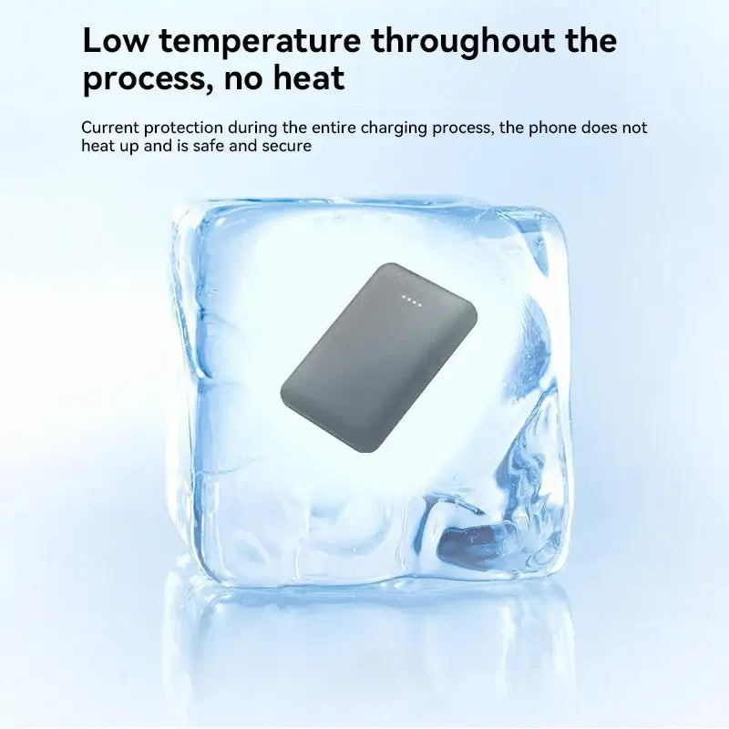 20000mAh power bank shown in ice, highlighting low temperature charging and safe usage features.