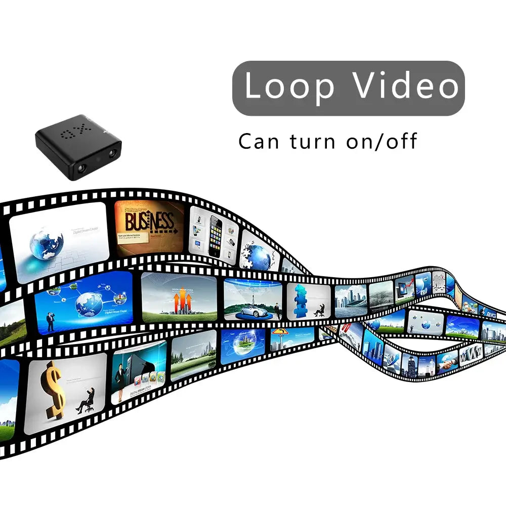 Mini 1080P HD camera with loop video feature, showcasing video playback on a film strip.