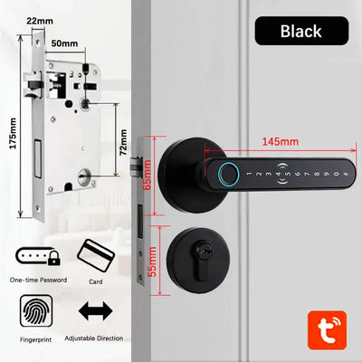 Smart fingerprint door lock handle with keypad, dimensions, and features displayed on a wall.