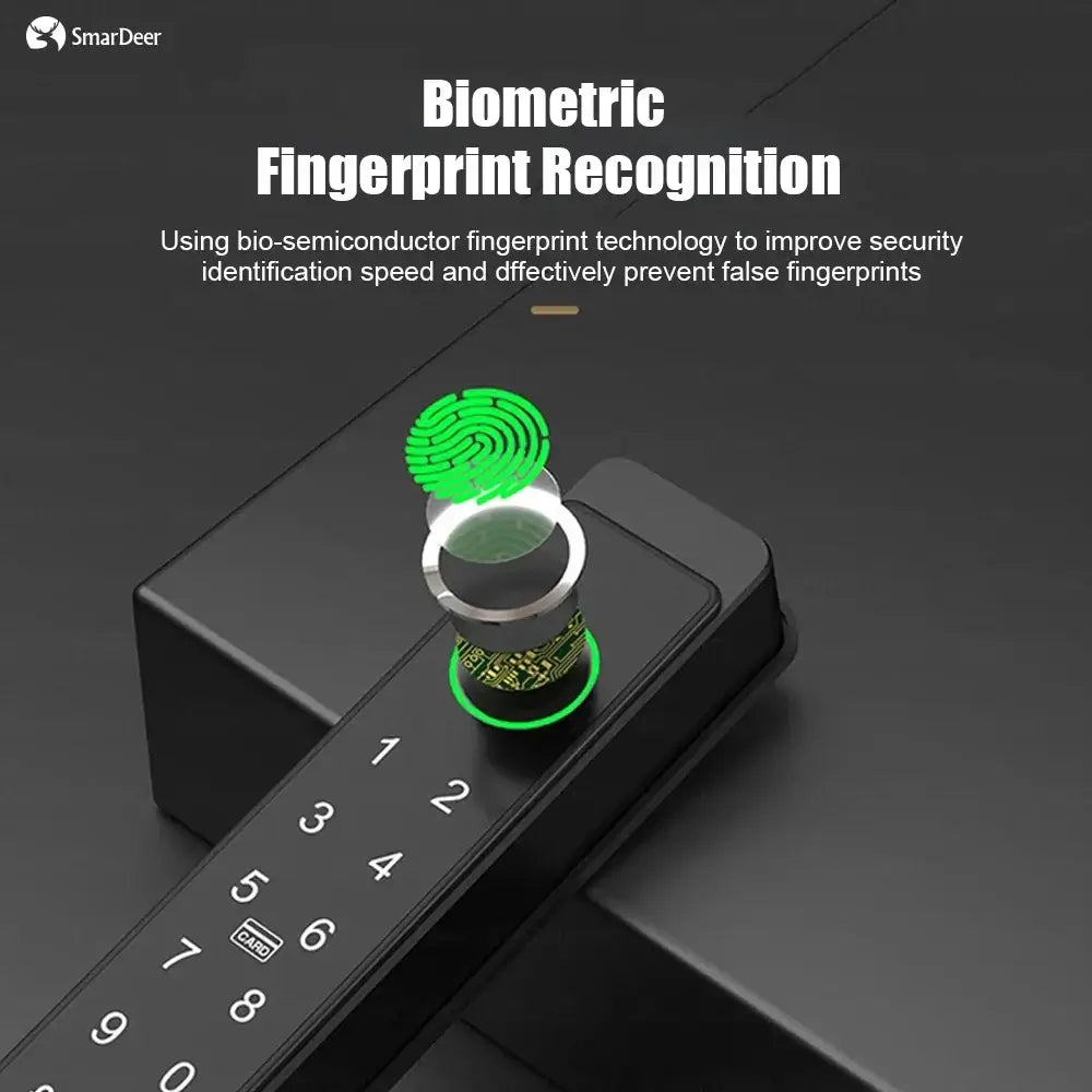 Biometric fingerprint recognition feature of SmarDeer electronic door lock enhancing security with advanced technology.