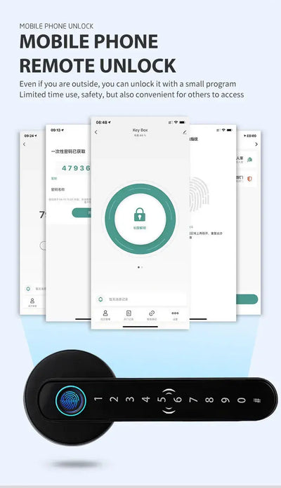 Mobile phone unlock feature for smart fingerprint door lock, showcasing app interface and keypad functionality.