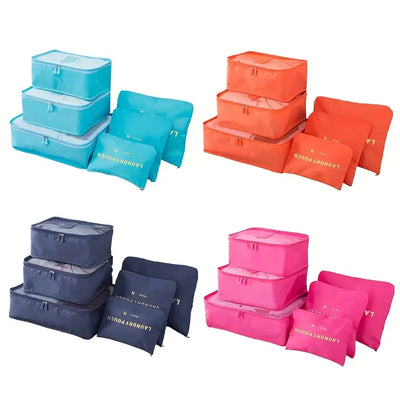 6pcs colorful travel luggage packing cubes for organizing clothes, shoes, and accessories while traveling.