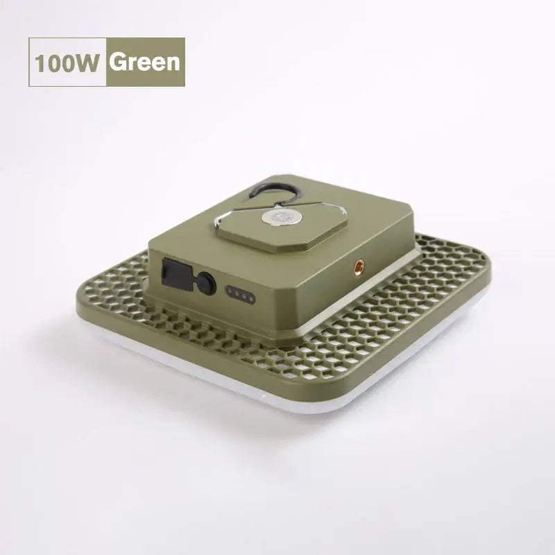 100W green portable LED lantern with grid base and detachable handle for camping and emergency lighting.