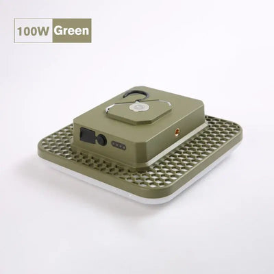 100W green portable LED lantern with grid base and detachable handle for camping and emergency lighting.