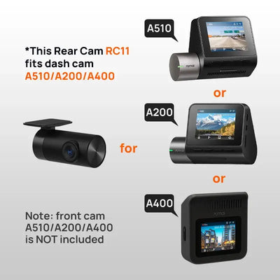 Image showing 70mai Rear Cam RC11 compatibility with A510, A200, and A400 dash cams.