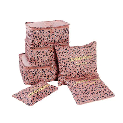 6pcs travel packing cubes in leopard print for luggage organization and storage.