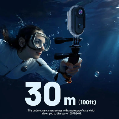 Diver using a waterproof action camera capable of 30m depth in underwater settings for sports and adventure.