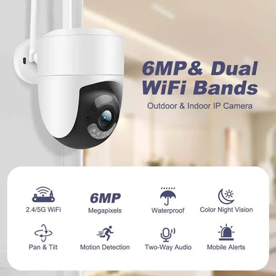 6MP dual band WiFi camera for outdoor and indoor use, featuring motion detection, two-way audio, and waterproof design.