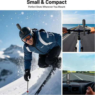 Action camera shown in various outdoor activities like skiing, cycling, and driving, highlighting its small and compact design.