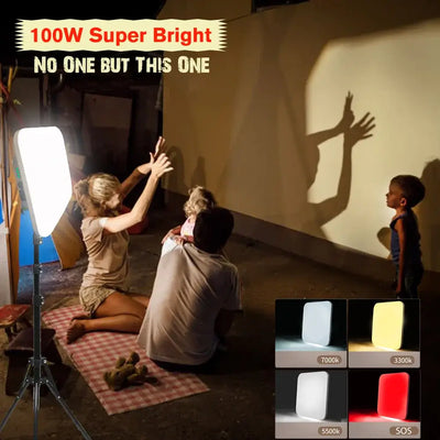 Family enjoying a super bright 100W LED light, showcasing multiple color modes for various lighting needs.
