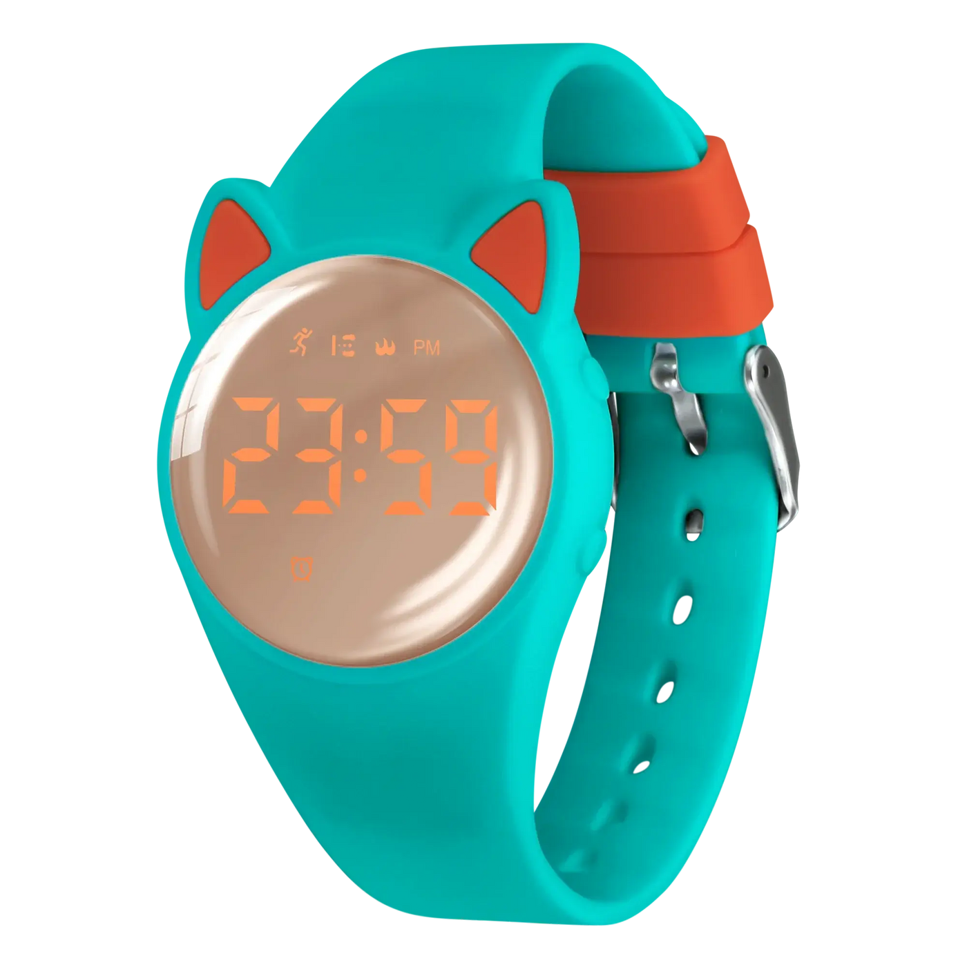 Digital sport watch for kids with cat ears design, featuring pedometer and silicone band in blue and orange.