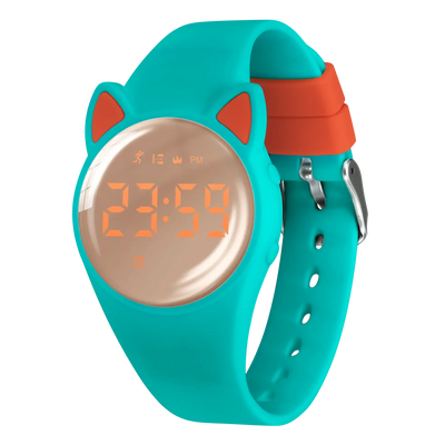 Digital sport watch for kids with cat ears design, featuring pedometer and silicone band in blue and orange.