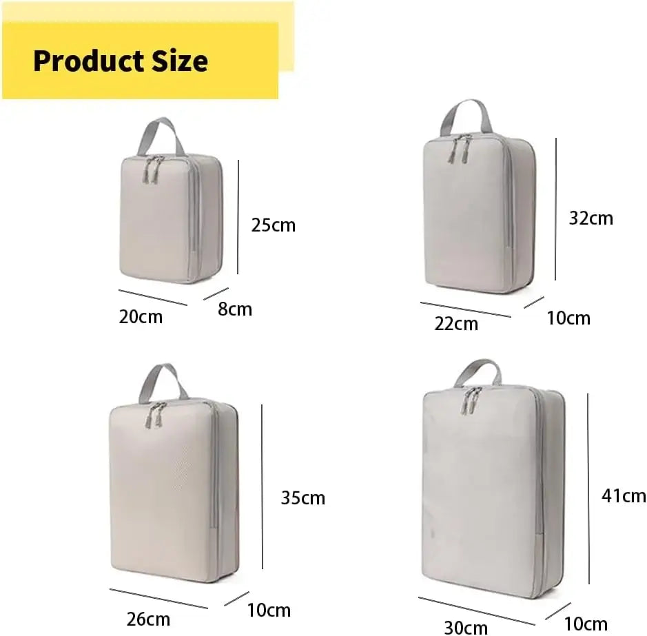 Product size chart for 4 set ultralight packing cubes, showcasing dimensions and organization for travel.