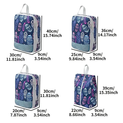 Set of 4 colorful compression storage bags with dimensions and sizes displayed.