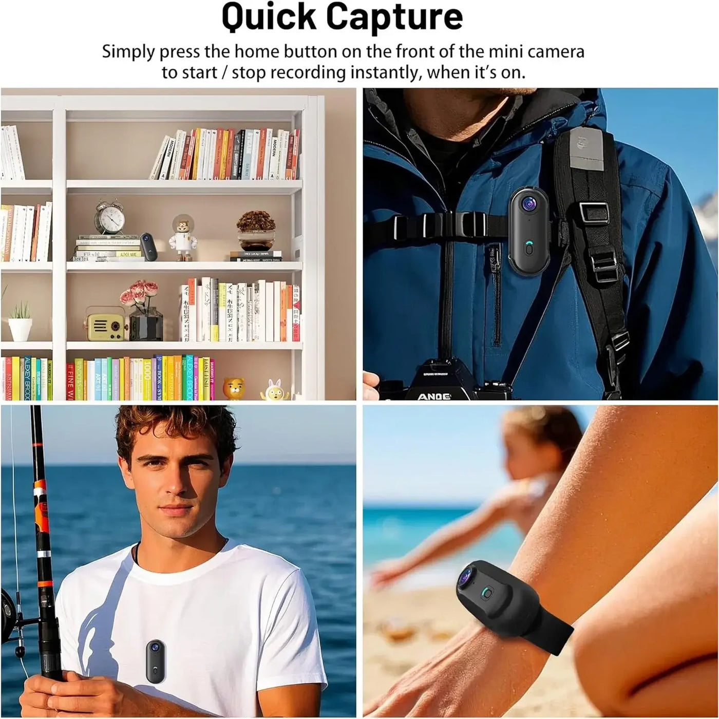 Collage of quick capture mini camera in use, showcasing easy recording on outdoor activities and casual settings.